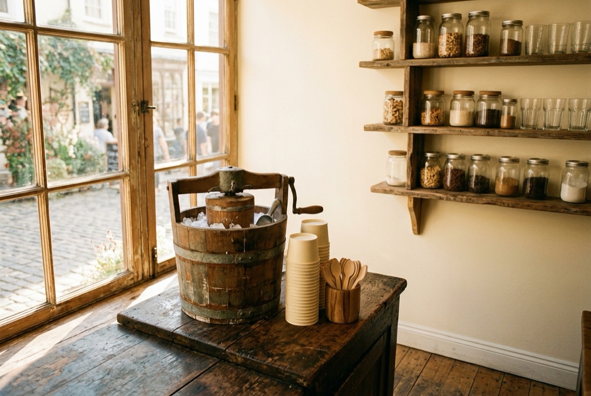 A vintage corner soft-serve counter